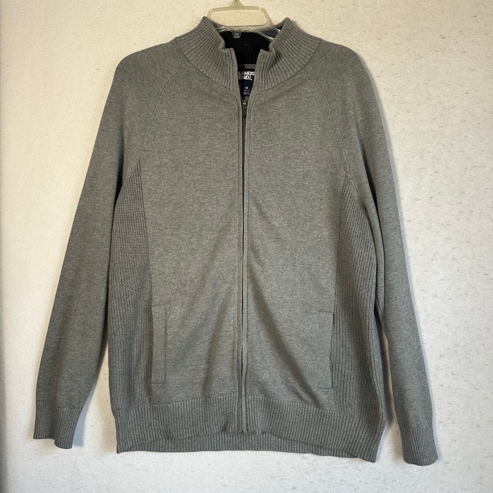 Lands End Mens Gray Full Zip Cardigan Sweater Mock Neck Cotton Modal Sz M 38 40